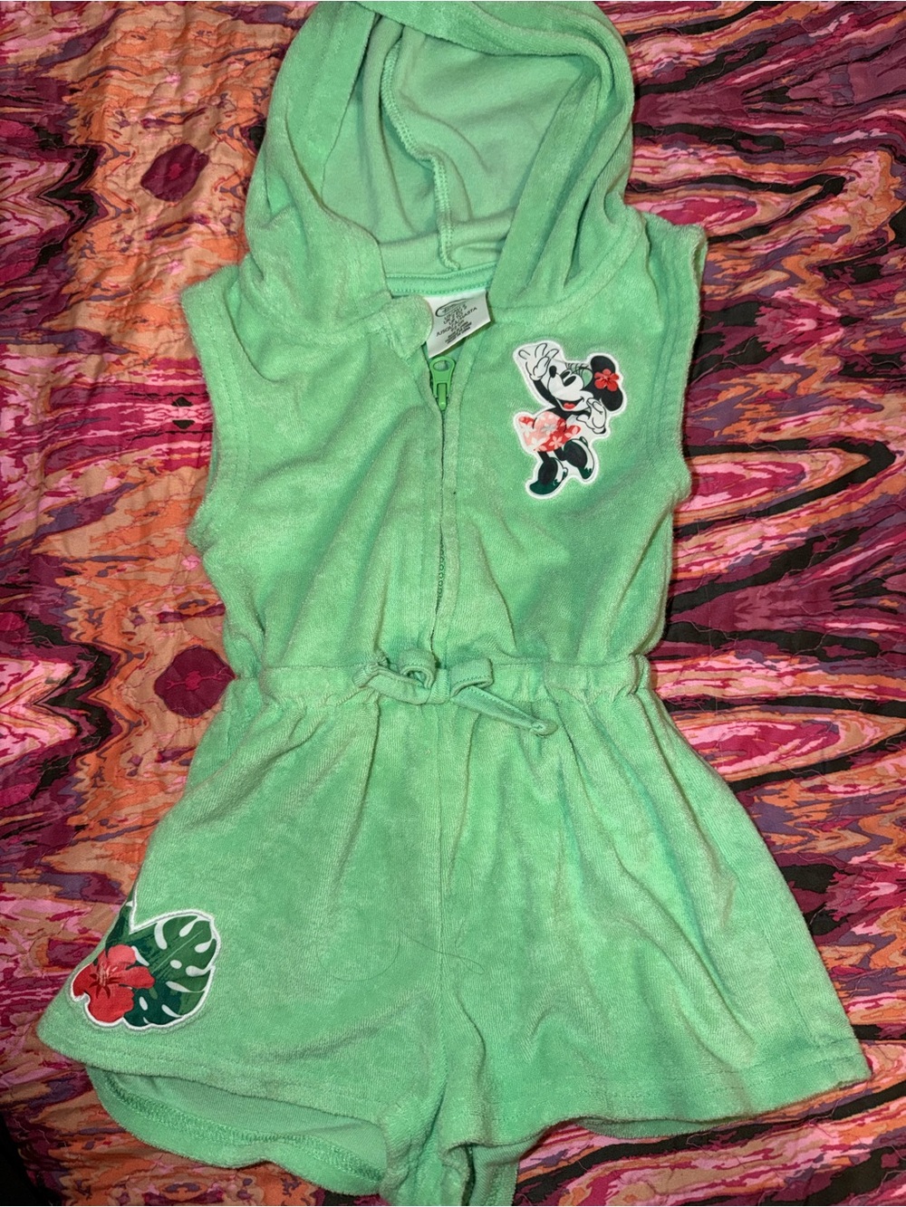 Disney Green Hooded Girls Swim Coverup Romper with Minnie Patch